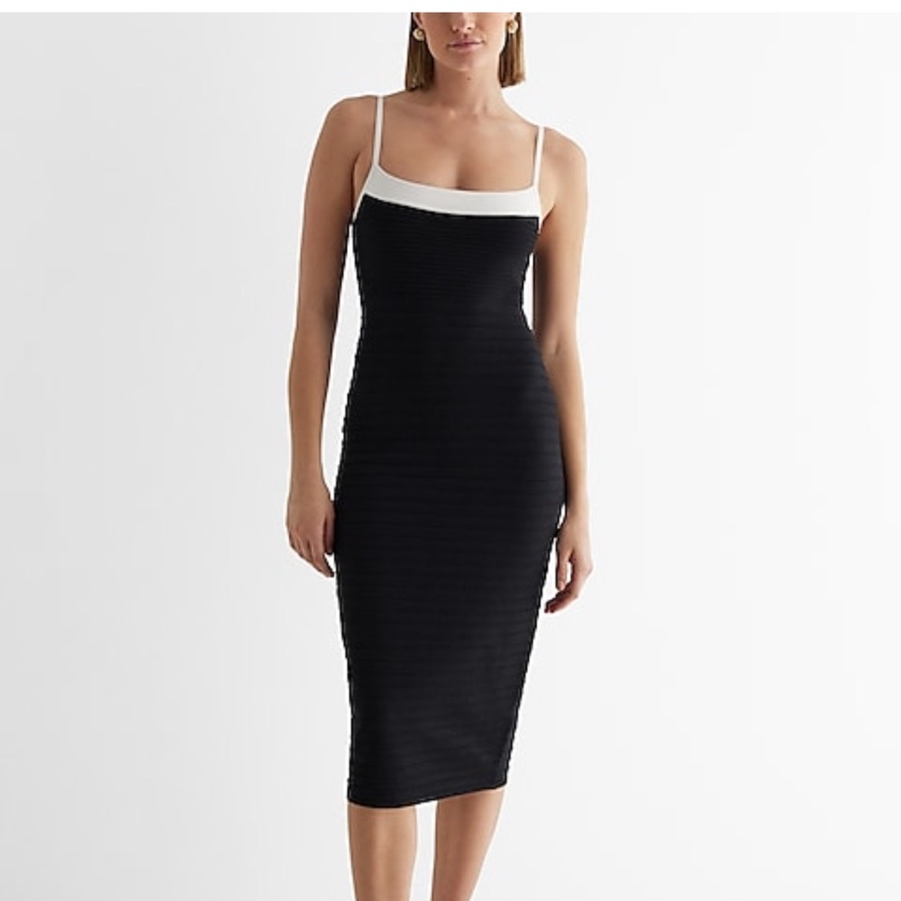 NWT Express Body Contour brand ribbed white tipped midi sweater dress. Size S